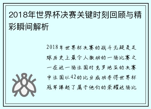 2018年世界杯决赛关键时刻回顾与精彩瞬间解析