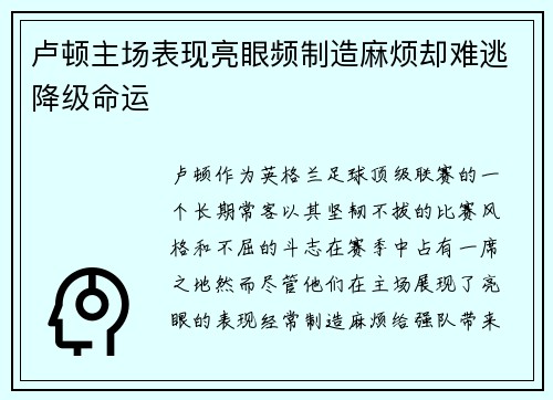 卢顿主场表现亮眼频制造麻烦却难逃降级命运 卢顿主场表现亮眼频制造麻烦却难逃降级命运